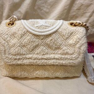 Tory Burch Cream Textured Shoulder Bag with Gold Chain